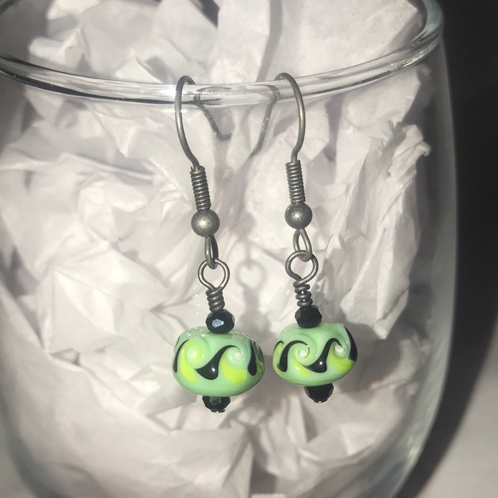 Green Black Handblown Glass Dangle Earrings
